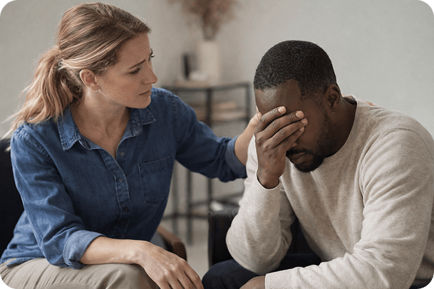 Person experiencing emotional exhaustion and seeking counselling support