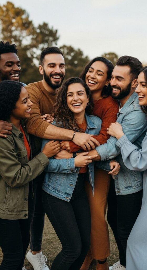 group of people showing joy and connection, symbolizing community support and positive mental health