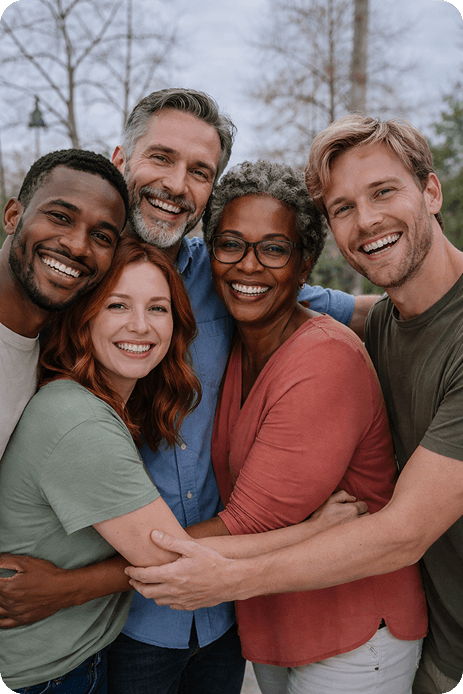 Group of adults smiling and embracing, representing a supportive and trusted psychology and counseling environment
